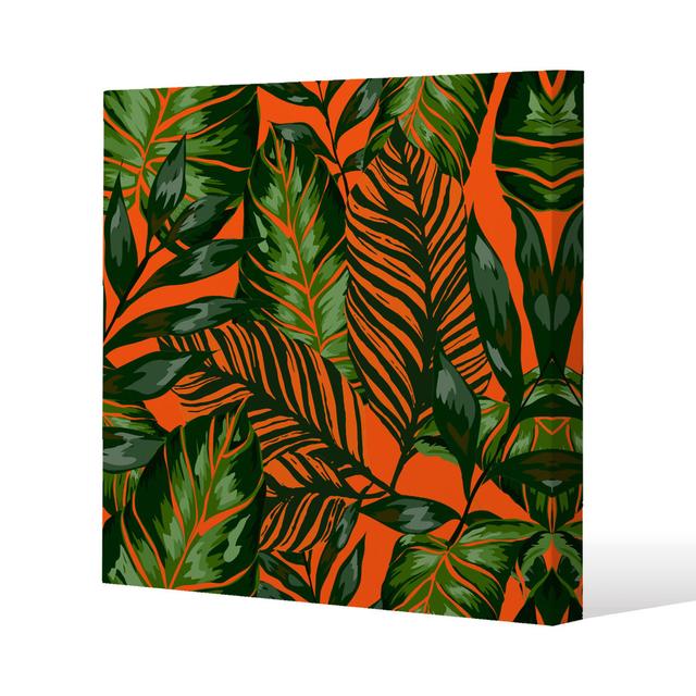 Green Tropical Leaves On Orange Canvas Print Andrew Lee on Productcaster.