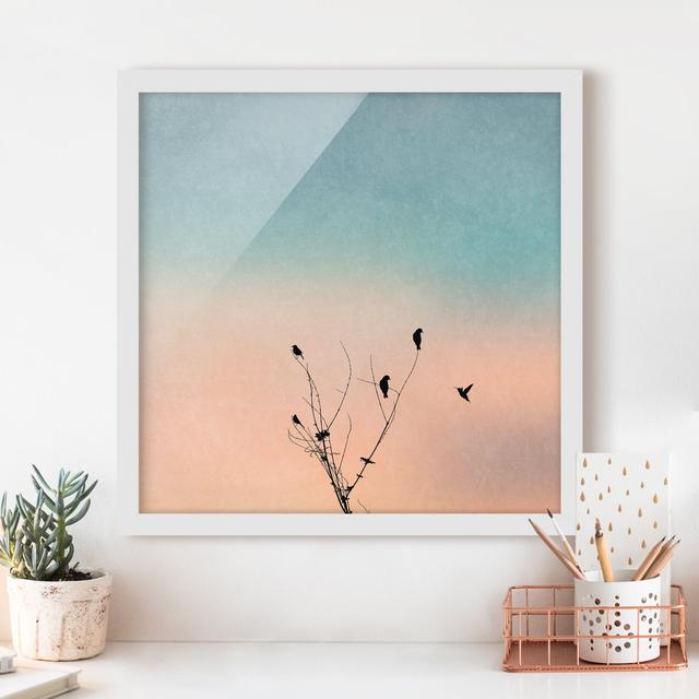 Birds in Front of Pink Sun II - Picture Frame Graphic Art Ebern Designs Frame Option: White Framed, Size: 70cm H x 70cm W x 2cm D on Productcaster.