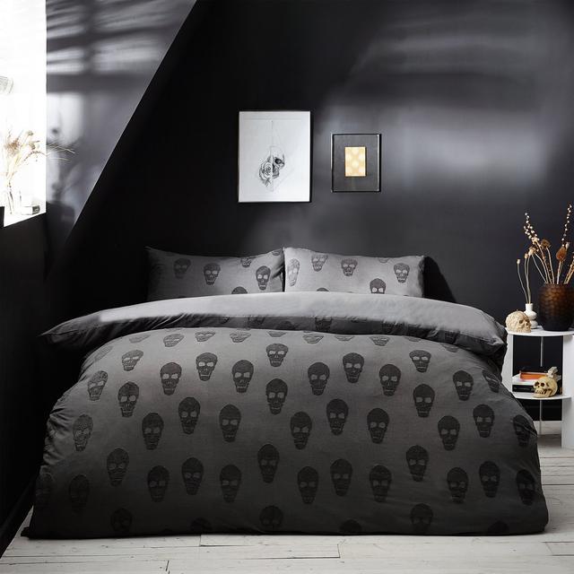 Skulls Tufted King Duvet Cover Set, Cotton, Charcoal Loft Living Size: Double - 2 Standard Pillowcases on Productcaster.