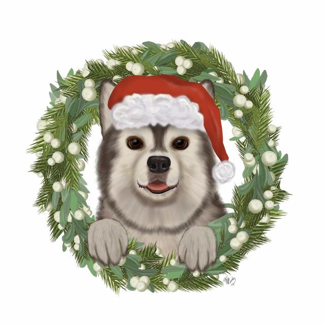 Christmas Des Husky Wreath - Wrapped Canvas Graphic Art Print Maturi Size: 30cm H x 30cm W on Productcaster.