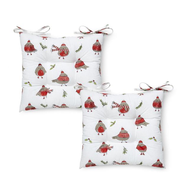 Christmas Robins Cotton 40x40cm Seat Pad Pair White Red Catherine Lansfield on Productcaster.