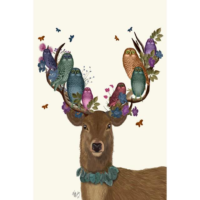 Deer Birdkeeper, Owls by Fab Funky - Wrapped Canvas Print Union Rustic Size: 46cm H x 30cm W x 3.8cm D on Productcaster.