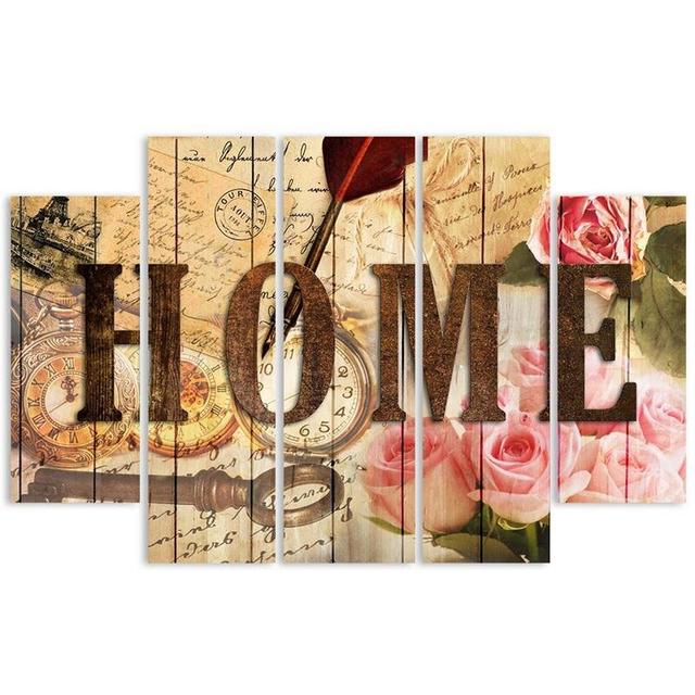 Vintage Home Inscription - 5 Piece Wrapped Canvas Typography Print Set Lily Manor Size: 100cm H x 200cm W on Productcaster.