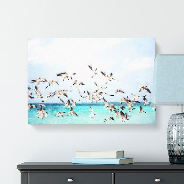 Flock Of Seagulls Over The Sea - Wrapped Canvas Painting East Urban Home Size: 35cm H x 50cm W x 3cm D on Productcaster.