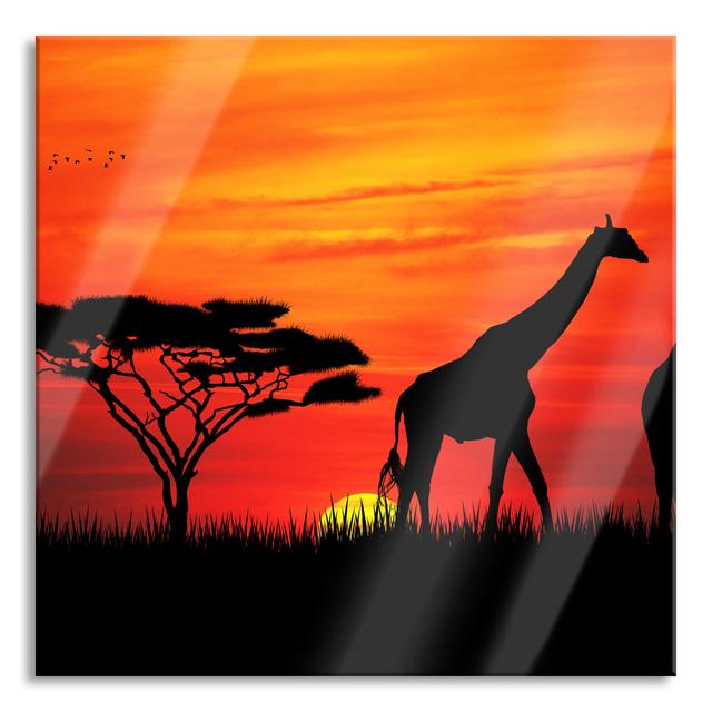 Glasbild African Giraffes in the Sunset Ebern Designs Größe: 80 cm H x 80 cm B x 0.4 cm T on Productcaster.