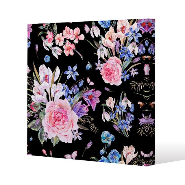 Bright Pink Flowers On Black Canvas Print Andrew Lee Size: 46cm H x 46cm W x 4cm D on Productcaster.