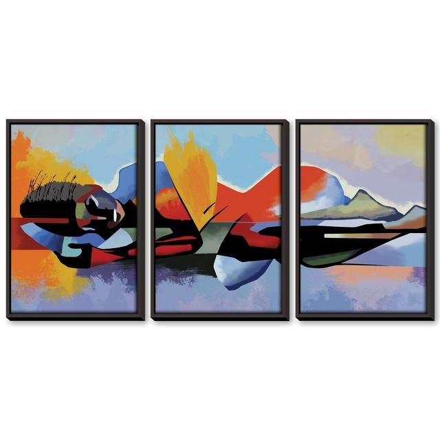 Reflection - 3 Piece Graphic Art Set on Canvas Clock Canvas Format: Black Framed, Size: 60cm H x 120cm W x 4.5cm D on Productcaster.