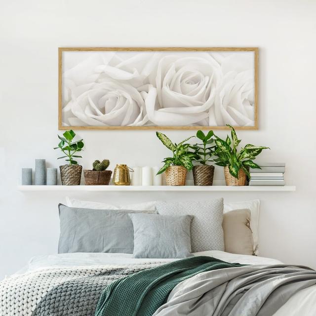 Gerahmtes Poster White Roses ClassicLiving Rahmenauswahl: Brauner Rahmen, Maße: 30 cm H x 75 cm B x 2 cm T on Productcaster.