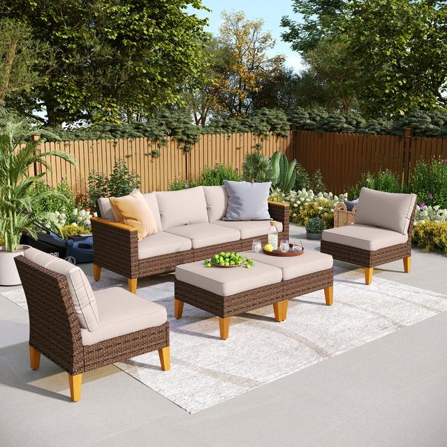 Wicker 7 - Person Garden Lounge Set with Cushions Blue Elephant Firepit Included: No on Productcaster.