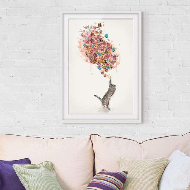 Illustration Cat with Colourful Butterflies - Picture Frame Graphic Art Rosalind Wheeler Frame Option: White Framed, Size: 40cm H x 30cm W x 2cm D on Productcaster.