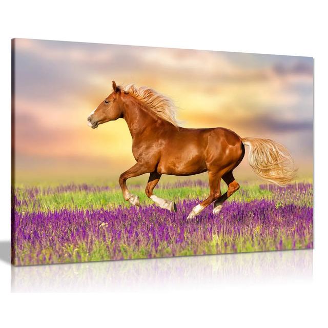 Horse Running Through Lavender Field - Wrapped Canvas Graphic Art August Grove Size: 51cm H x 76cm W on Productcaster.