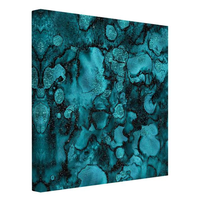 Turquoise Drops with Glitter - Wrapped Canvas Graphic Art Ivy Bronx Size: 80cm H x 80cm W, Format: 330g/m³ recycled canvas on Productcaster.