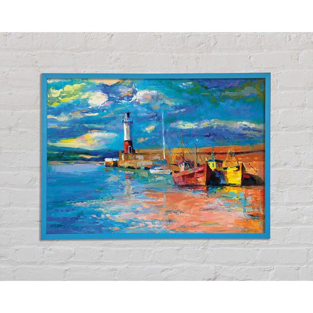 The Lighthouse Coastal Town Framed Print Longshore Tides Size: 29.7cm H x 42cm W x 2cm D, Format: Blue Framed Paper on Productcaster.