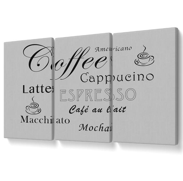 Kitchen Quote Coffee Delight - 3 Piece Wrapped Canvas Graphic Art Maturi Size: 101.6cm H x 203cm W, Colour: Grey on Productcaster.