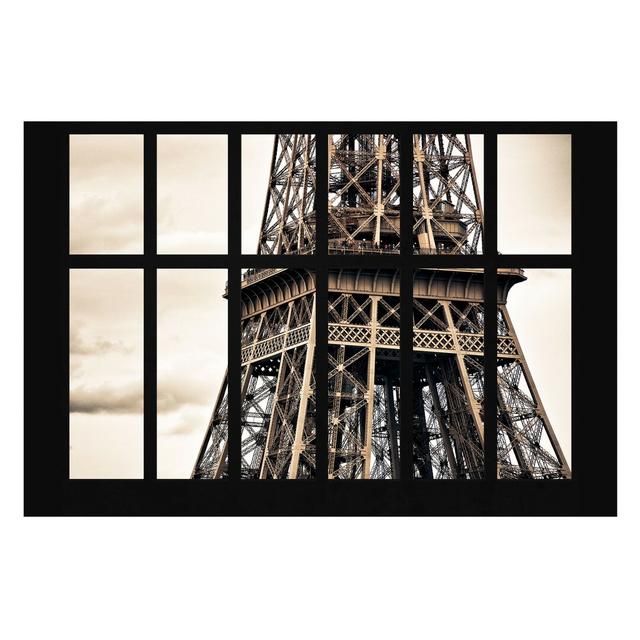 Window View of the Eiffel Tower in Paris Semi-Gloss Wallpaper Roll East Urban Home Materialqualität: Standard (110g/m²), Size: 4.32m x 290cm on Productcaster.