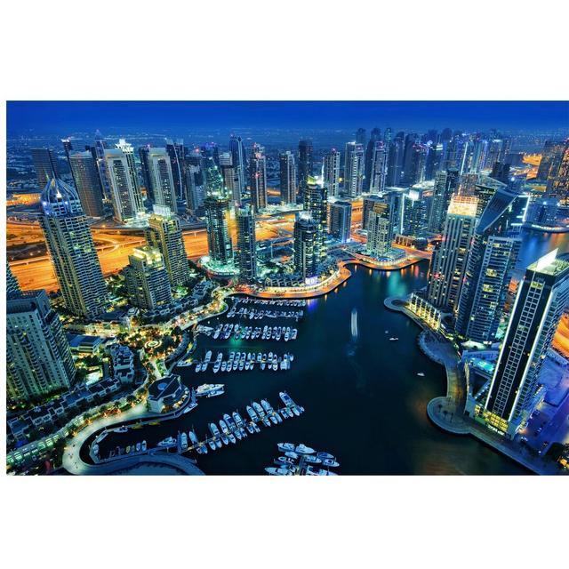 Dubai Marina at Night Semi-Gloss Wallpaper Roll East Urban Home Size: 4.8m x 320cm, Materialqualität: Standard (110g/m²) on Productcaster.