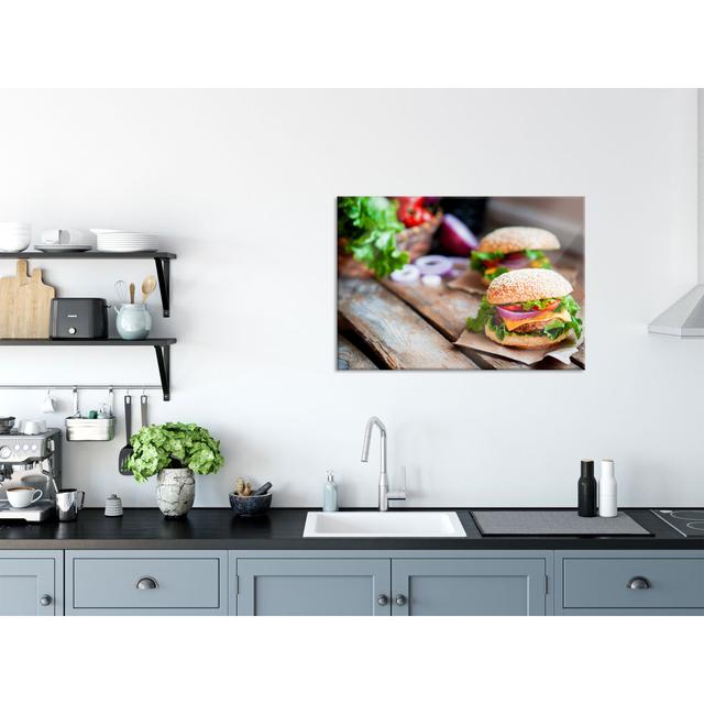 Glass picture | Mural on real glass Delicious burger including suspension and spacers 6504 Brayden Studio Size: 60cm H x 80cm W on Productcaster.