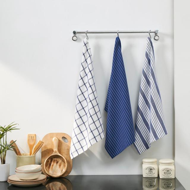 Penguin Home Kitchen Towels 100% Cotton Eco Friendly & Sustainable Tea Towels Stylish With Different Pattern (Set of 3) Penguin Home Colour: Blue Mul on Productcaster.