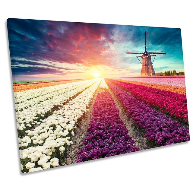 Windmill Sunset Floral Field Framed - Wrapped Canvas Print August Grove Size: 30.5cm H x 45.7cm W x 2cm D on Productcaster.