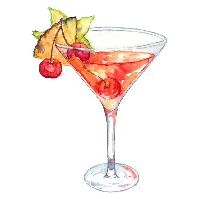 Watercolor Cherry Pineapple Carambola Alcohol Cocktail Isolated by Silmairel - Wrapped Canvas Painting Marlow Home Co. Size: 91cm H x 91cm W on Productcaster.