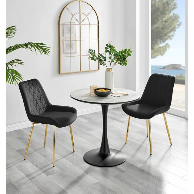 Eubanks White Marble Effect Melamine Round 80cm Dining Table And Chairs - 2 Velvet Dining Chairs Canora Grey Colour (Chair): Black/Gold on Productcaster.