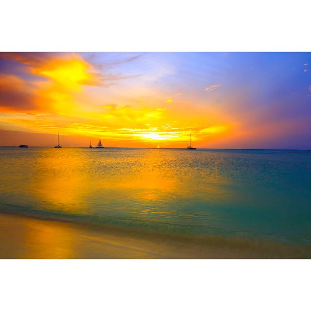 Idyllic dramatic sunset and ships in Palm Beach, Aruba, Caribbean House of Hampton Size: 51cm H x 76cm W on Productcaster.