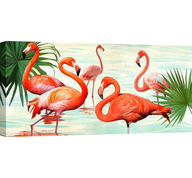 Flamingos by Teo Rizzardi - Wrapped Canvas Graphic Art Print Bay Isle Home Size: 35cm H x 70cm W x 4cm D on Productcaster.