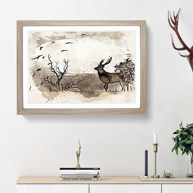 Stag Deer with Birds in Abstract - Picture Frame Painting Print on MDF East Urban Home Size: 62cm H x 87cm W x 2cm D, Frame Option: Oak Framed on Productcaster.