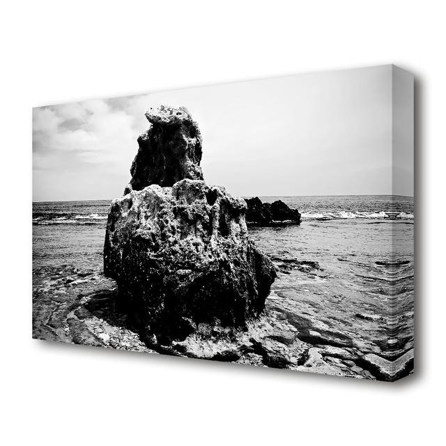 The Rock Of The Ocean Black And White Landscape - Wrapped Canvas Photograph Print East Urban Home Size: 50.8 cm H x 81.3 cm W on Productcaster.