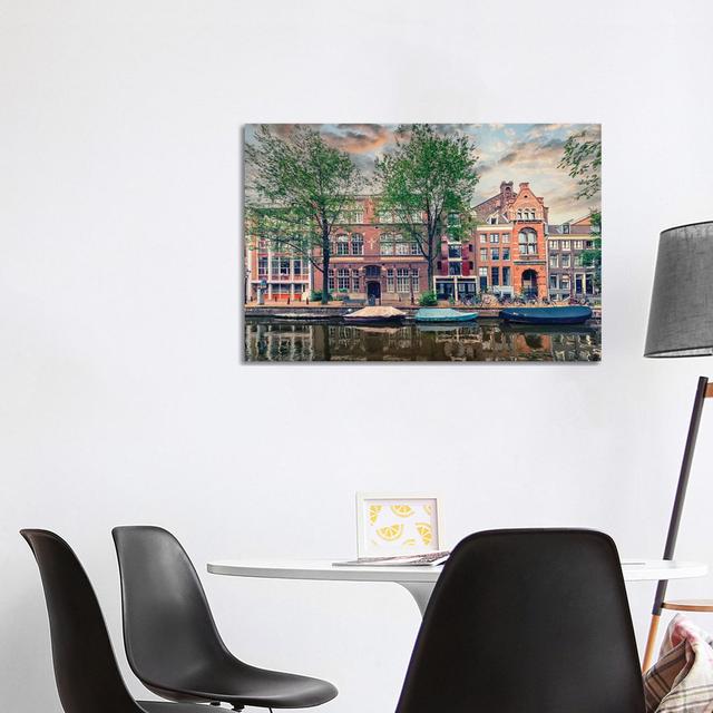 Amsterdam In The Evening by Manjik Pictures - Gallery-Wrapped Canvas Giclée on Canvas Rosalind Wheeler Size: 66.04cm H x 101.6cm W, Format: No Frame on Productcaster.