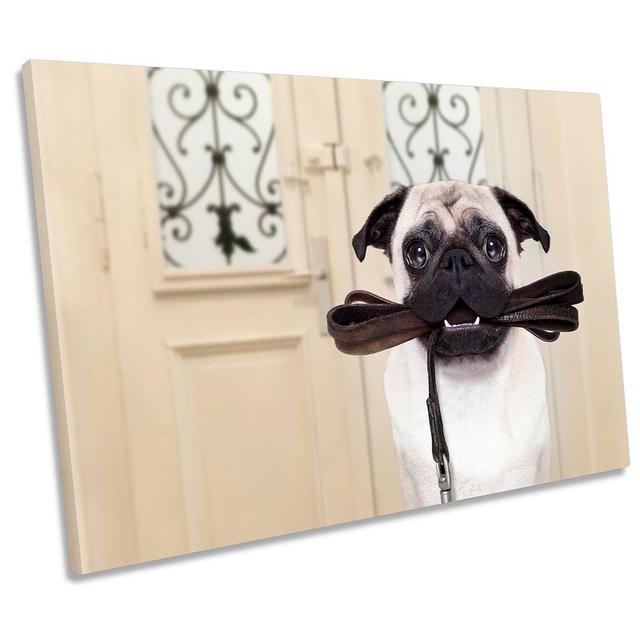 Pug Dog Walk Lead - Wrapped Canvas Photograph Ebern Designs Size: 81.3cm H x 121.9cm W on Productcaster.