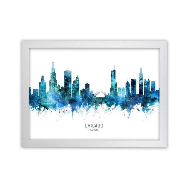 Chicago Illinois Skyline Blue City Name by Michael Tompsett - Graphic Art Ebern Designs Format: White Framed, Size: 64cm H x 88cm W x 3cm D on Productcaster.