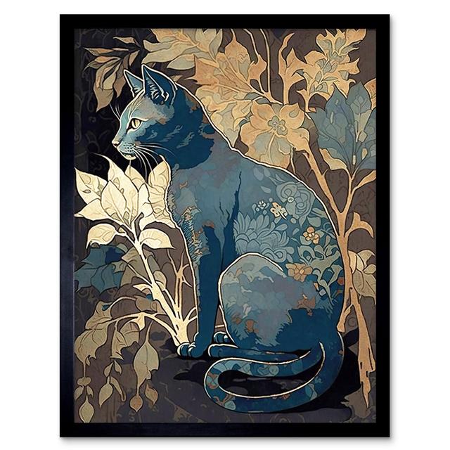 Russian Blue Cat with Autumn Plants and Floral Pattern Fur Coat Modern Silkscreen - Single Picture Frame Art Prints Marlow Home Co. on Productcaster.