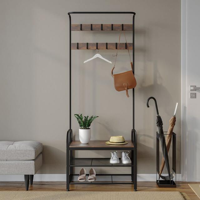 Adkisson Metal Freestanding 10 - Hook Coat Rack Borough Wharf Colour: Black/Rustic Oak on Productcaster.