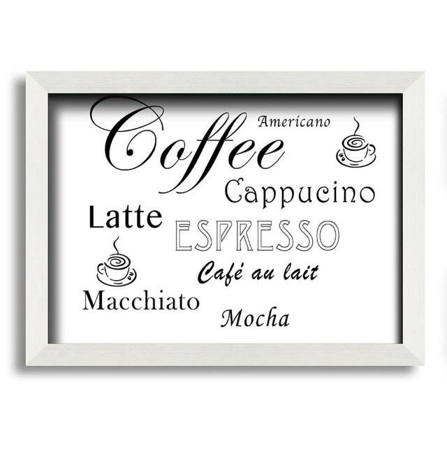 Kitchen Quote Coffee Delight White Framed Print Wall Art Happy Larry Size: 42cm H x 59.7cm W x 1.5cm D, Format: Gunmetal Framed Paper on Productcaster.