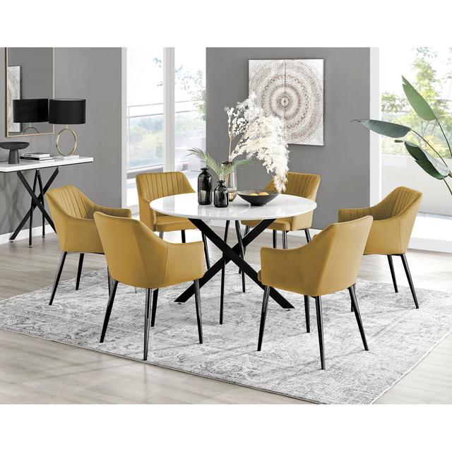 Tierra Modern Chrome Metal & Glass Round Dining Table Set with 6 Luxury Button Velvet Chairs Canora Grey Colour (Chair): Yellow/Black on Productcaster.