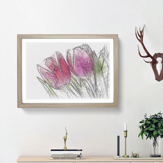 Pair of Pink Tulip Flowers in Abstract - Picture Frame Drawing Print East Urban Home Size: 62cm H x 87cm W x 2cm D, Frame Option: Oak Framed on Productcaster.