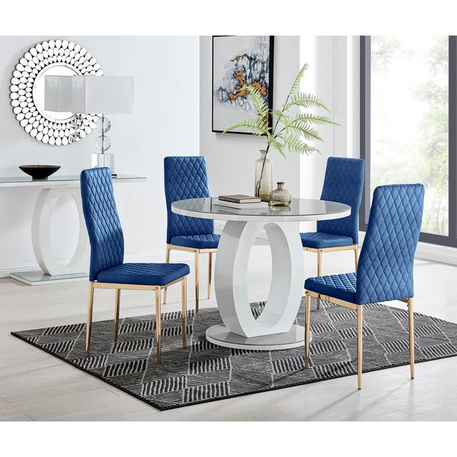 Scottsmoor Modern Halo 4 Seat Round Dining Table Set - Luxury Velvet Dining Chairs Furniture Box Table Base Colour: Grey, Table Top Colour: Grey, Chai on Productcaster.