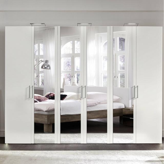 Ammiras 6 Door Wardrobe Ebern Designs Interior fittings: Premium, Colour (Body/Front): Polar white/Polar white with 4 mirrors, Size: 236cm on Productcaster.