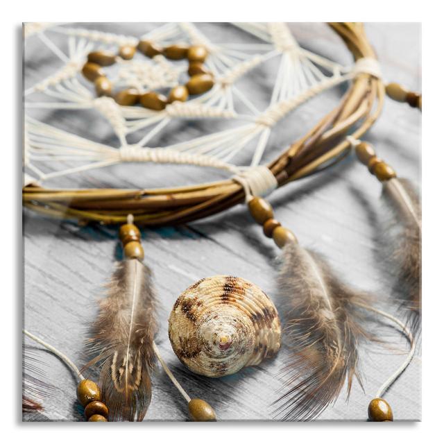 Dreamcatcher With Feathers - No Frame Print on Glass Bloomsbury Market Size: 60cm H x 60cm W x 0.4cm D on Productcaster.