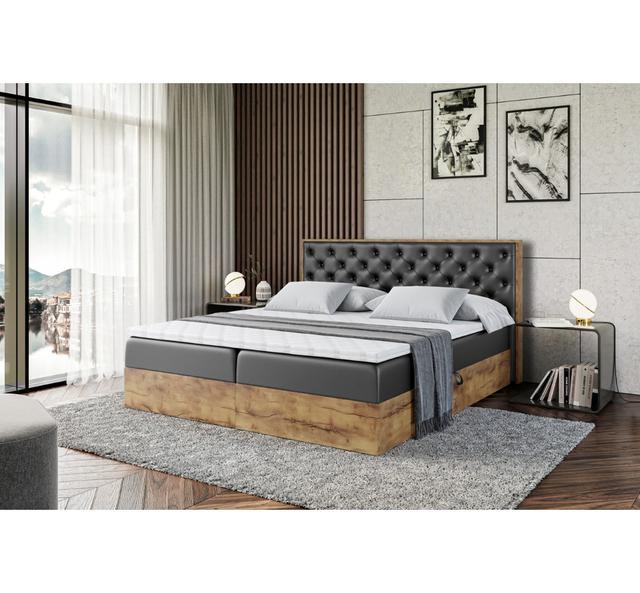 Boxspringbett in Holzoptik mit H3 Bonell-Federkernmatratze, Topper und Bettkasten ModernMoments Größe: 140 x 200 cm, Farbe: Schwarz on Productcaster.