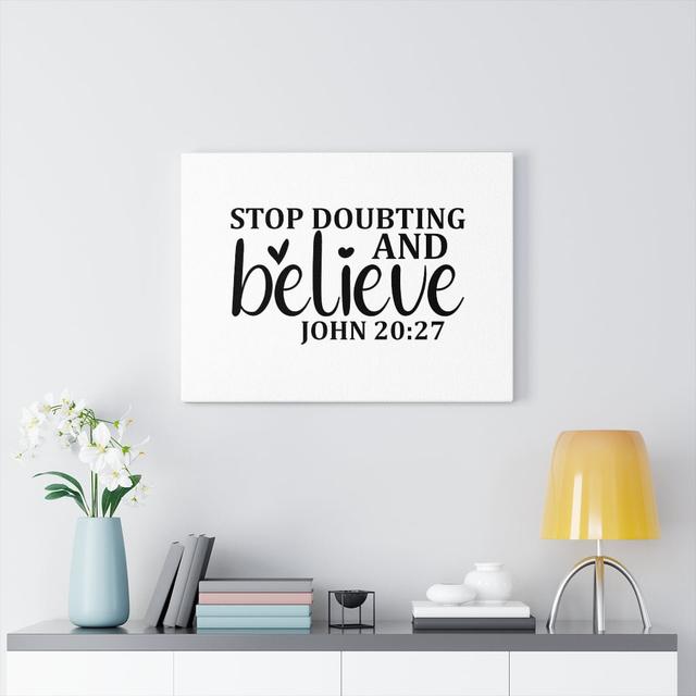 Stop Doubting and Believe John 20:27 - Wrapped Canvas Typography Blue Elephant Size: 61cm H x 76cm W on Productcaster.