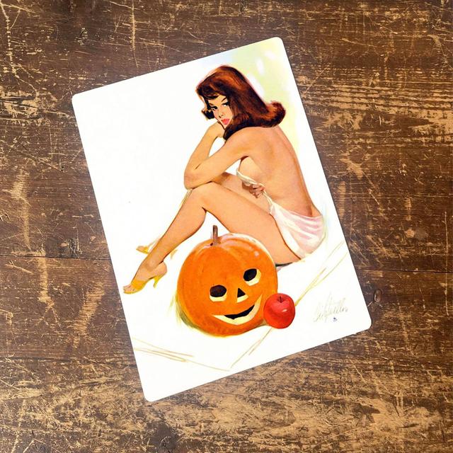 Pinup Girl Autumn Pumpkin - Metal Humour Wall Sign British Metal Sign Conpany Size: 25cm H x 20cm W on Productcaster.