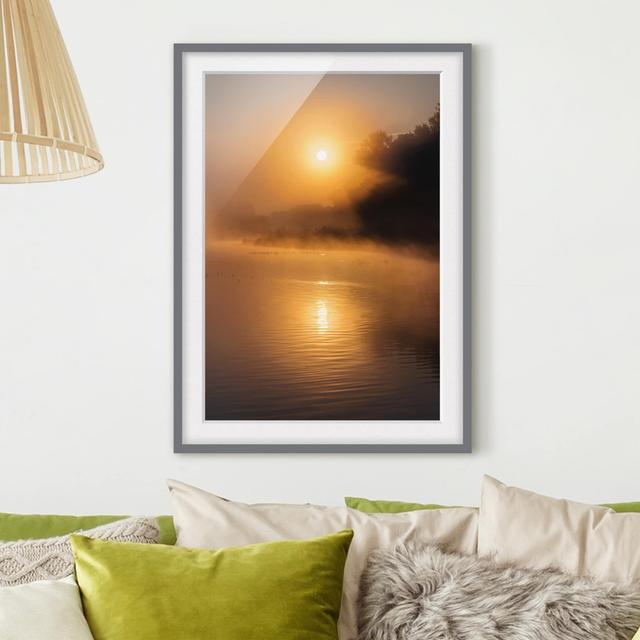 Gerahmtes Poster Sunrise at the Lake with Deer in the Fog East Urban Home Größe: 70 cm H x 50 cm B, Rahmenoptionen: Mattgrau on Productcaster.