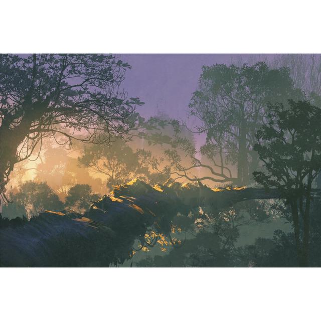 Tree Bridge In Rain Forest, Sunrise In Woods by Grandfailure - Wrapped Canvas Print Union Rustic Size: 30cm H x 46cm W on Productcaster.