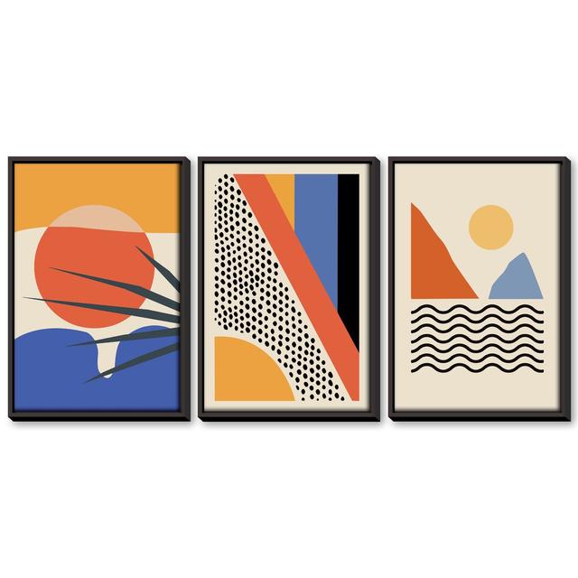 Minimal Paradise - 3 Piece Graphic Art Set on Canvas Clock Canvas Format: Black Framed, Size: 70cm H x 150cm W x 4.5cm D on Productcaster.