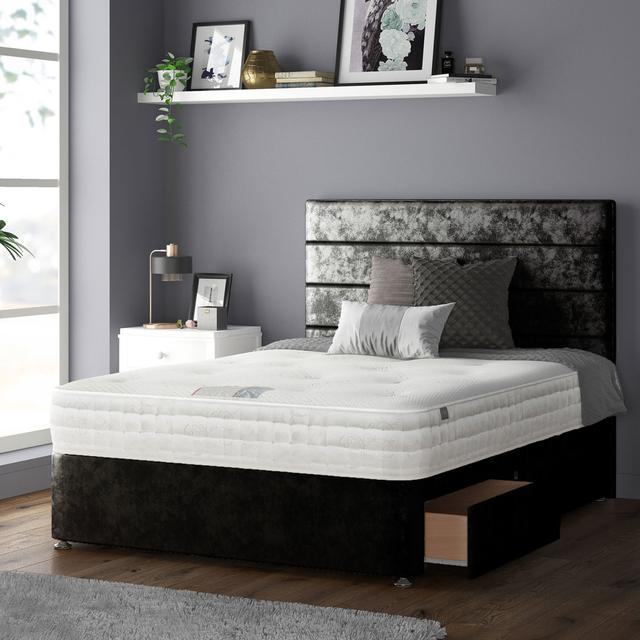 Kiara Stripped Floor Standing Headboard with Divan Base Crush Velvet and Metal Feet Fairmont Park Colour: Black, Size: Super King (6'), Storage Type: on Productcaster.