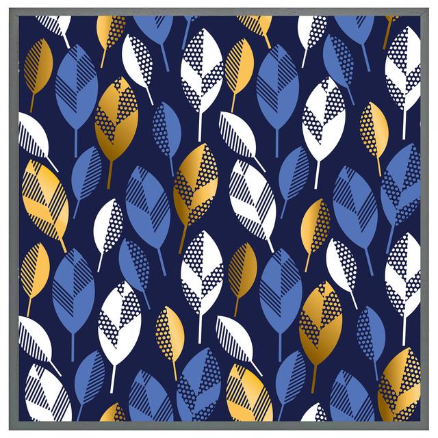 Worchester White, Blue & Gold Leaves On Navy - Single Picture Frame Art Prints Latitude Run Size: 61cm H x 61cm W x 4cm D, Frame Colour: Grey Framed on Productcaster.