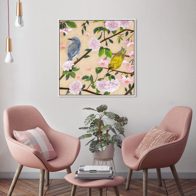 Animals Birds On Flowering Tree, French Country Yellow And Pink - Painting on Canvas Oliver Gal Format: White Framed, Size: 40.64cm H x 40.64cm W x 4. on Productcaster.