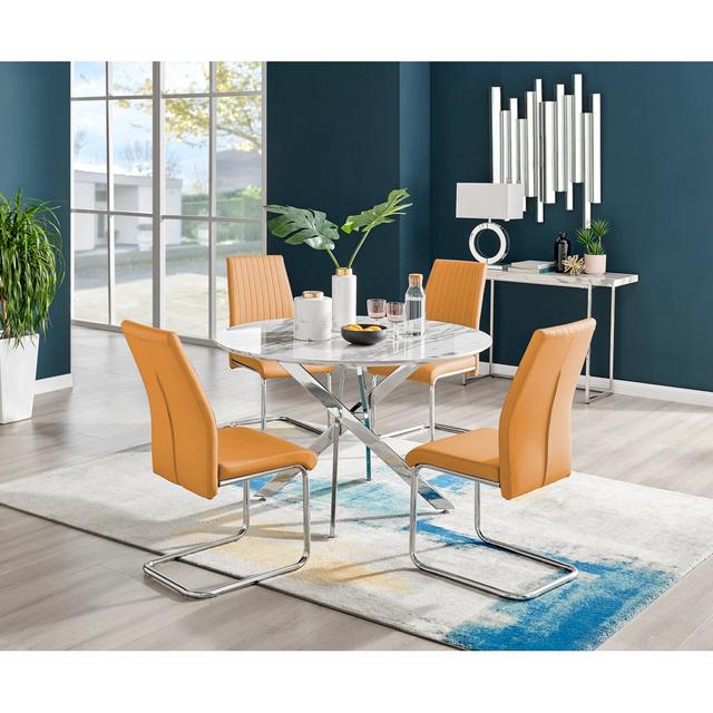 Tierra Modern Chrome Metal & Glass Round Dining Table Set with Faux Leather Chairs Canora Grey Chair Colour: Yellow on Productcaster.